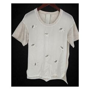 Heather Beaded Bird Cream Silk Blouse Made in USA Women's M